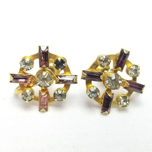 Vintage Purple Rhinestone Clip On Earrings, Gold Tone Screw Back Setting - Picture 1 of 7